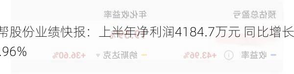 盛帮股份业绩快报：上半年净利润4184.7万元 同比增长43.96%