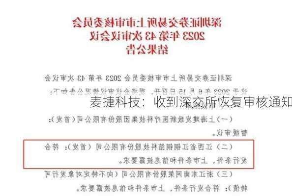 麦捷科技：收到深交所恢复审核通知