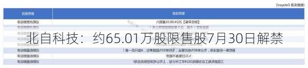 北自科技：约65.01万股限售股7月30日解禁