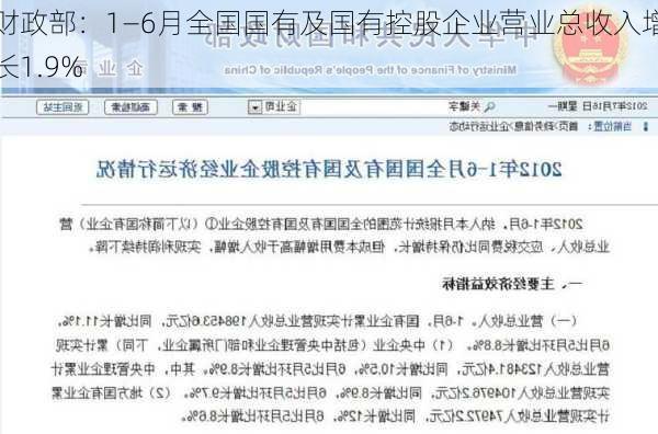 财政部：1―6月全国国有及国有控股企业营业总收入增长1.9%