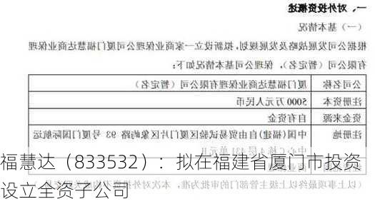 福慧达（833532）：拟在福建省厦门市投资设立全资子公司