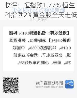 收评：恒指跌1.77% 恒生科指跌2%黄金股全天走低