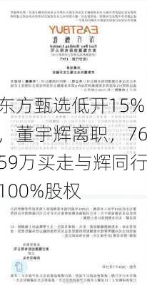 东方甄选低开15%，董宇辉离职，7659万买走与辉同行100%股权