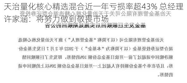 天治量化核心精选混合近一年亏损率超43% 总经理许家涵：将努力做到敬畏市场