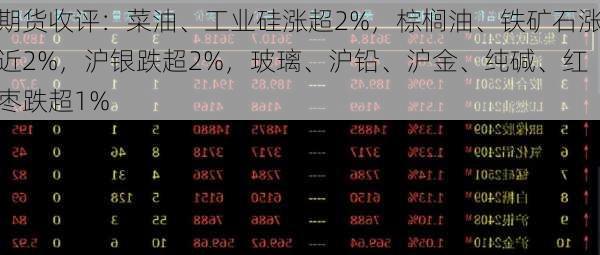 期货收评：菜油、工业硅涨超2%，棕榈油、铁矿石涨近2%，沪银跌超2%，玻璃、沪铅、沪金、纯碱、红枣跌超1%