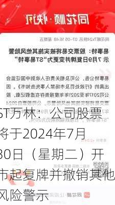 ST万林：公司股票将于2024年7月30日（星期二）开市起复牌并撤销其他风险警示