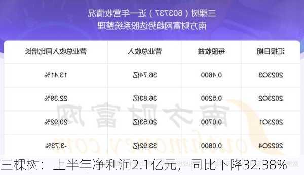 三棵树：上半年净利润2.1亿元，同比下降32.38%