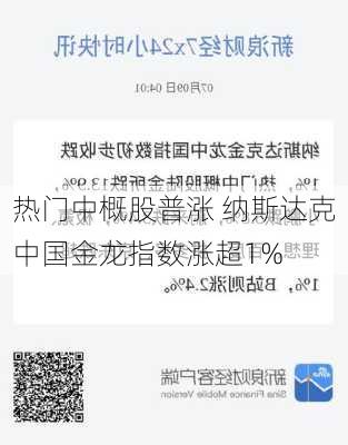 热门中概股普涨 纳斯达克中国金龙指数涨超1%