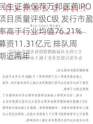 民生证券保荐万邦医药IPO项目质量评级C级 发行市盈率高于行业均值76.21%募资11.31亿元 排队周期近两年