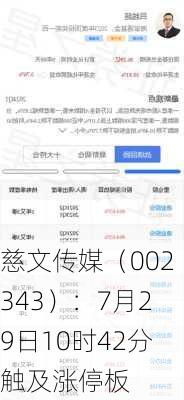 慈文传媒（002343）：7月29日10时42分触及涨停板