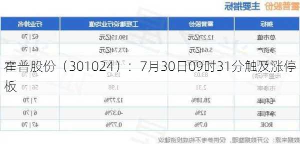 霍普股份（301024）：7月30日09时31分触及涨停板