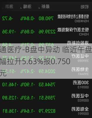 心通医疗-B盘中异动 临近午盘大幅拉升5.63%报0.750港元