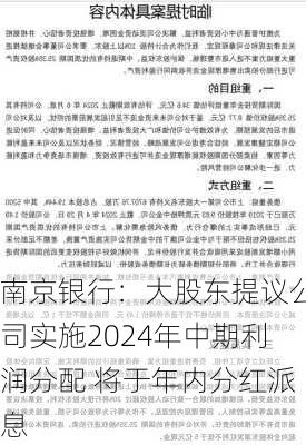 南京银行：大股东提议公司实施2024年中期利润分配 将于年内分红派息