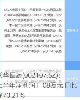 沃华医药(002107.SZ)：上半年净利润1108万元 同比下降70.21%