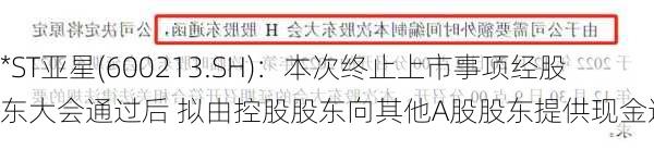 *ST亚星(600213.SH)：本次终止上市事项经股东大会通过后 拟由控股股东向其他A股股东提供现金选择权