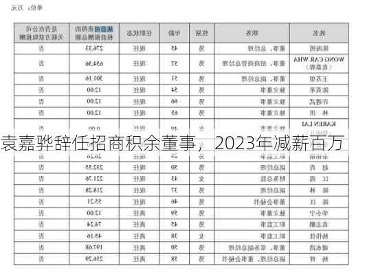 袁嘉骅辞任招商积余董事，2023年减薪百万