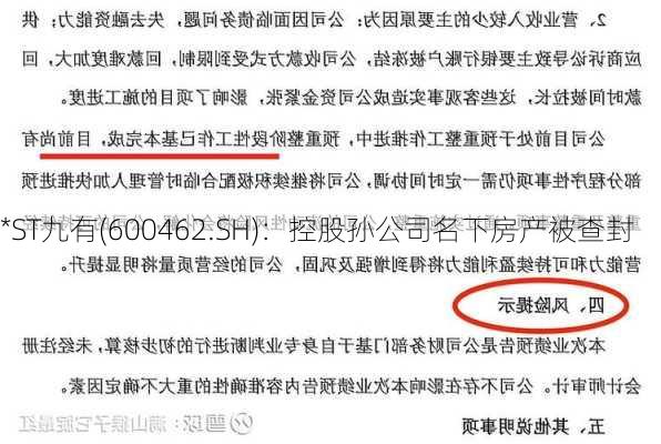 *ST九有(600462.SH)：控股孙公司名下房产被查封