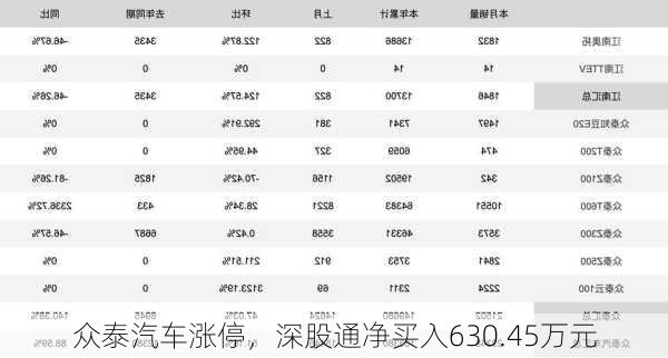 众泰汽车涨停，深股通净买入630.45万元