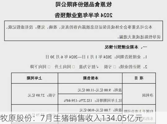 牧原股份：7月生猪销售收入134.05亿元