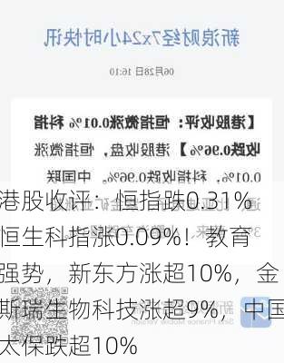 港股收评：恒指跌0.31%恒生科指涨0.09%！教育强势，新东方涨超10%，金斯瑞生物科技涨超9%，中国太保跌超10%