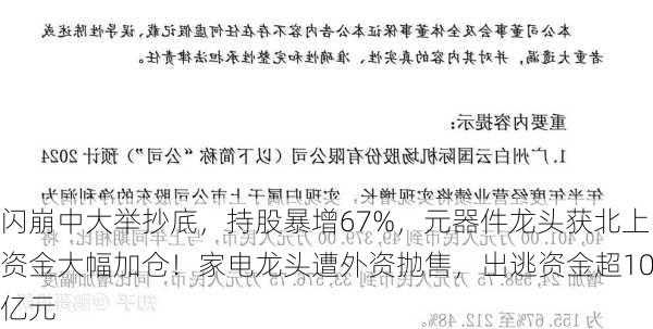 闪崩中大举抄底，持股暴增67%，元器件龙头获北上资金大幅加仓！家电龙头遭外资抛售，出逃资金超10亿元