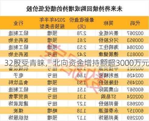 32股受青睐，北向资金增持额超3000万元