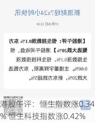 港股午评：恒生指数涨0.34% 恒生科技指数涨0.42%