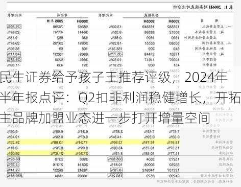 民生证券给予孩子王推荐评级，2024年半年报点评：Q2扣非利润稳健增长，开拓主品牌加盟业态进一步打开增量空间