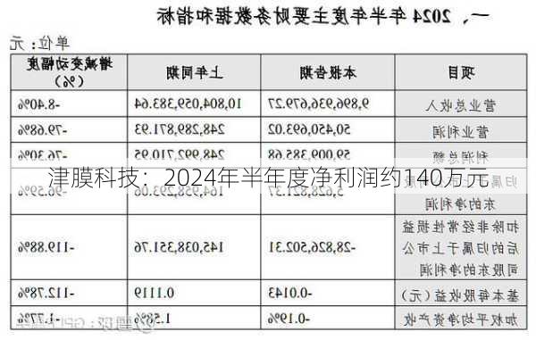 津膜科技：2024年半年度净利润约140万元