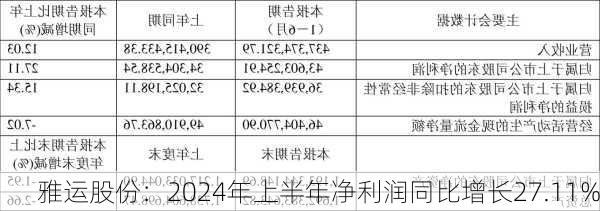 雅运股份：2024年上半年净利润同比增长27.11%