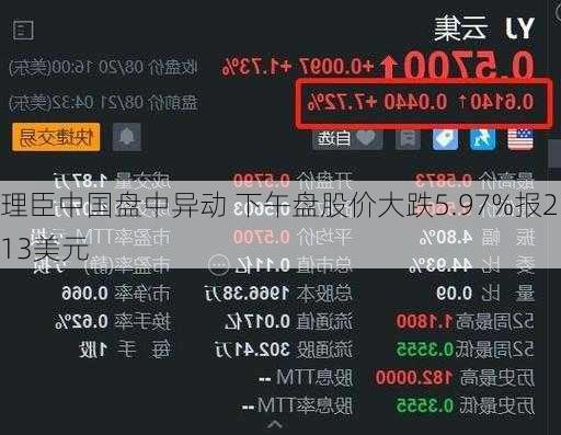 理臣中国盘中异动 下午盘股价大跌5.97%报2.13美元