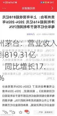 贵州茅台：营业收入达到819.31亿元，同比增长17.76%