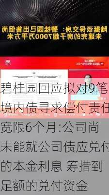 碧桂园回应拟对9笔境内债寻求偿付责任宽限6个月:公司尚未能就公司债应兑付的本金利息 筹措到足额的兑付资金