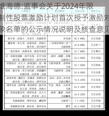 维海德:监事会关于2024年限制性股票激励计划首次授予激励对象名单的公示情况说明及核查意见