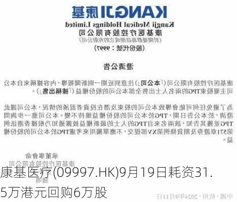 康基医疗(09997.HK)9月19日耗资31.5万港元回购6万股