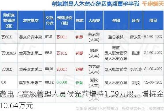 天微电子高级管理人员侯光莉增持1.09万股，增持金额10.64万元