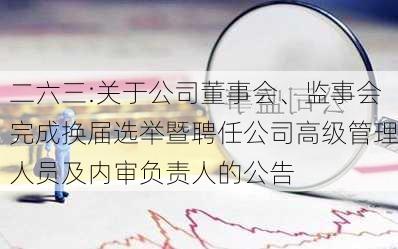 二六三:关于公司董事会、监事会完成换届选举暨聘任公司高级管理人员及内审负责人的公告