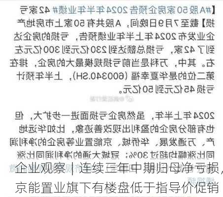 企业观察︱连续三年中期归母净亏损，京能置业旗下有楼盘低于指导价促销