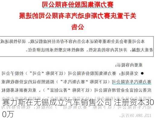 赛力斯在无锡成立汽车销售公司 注册资本300万