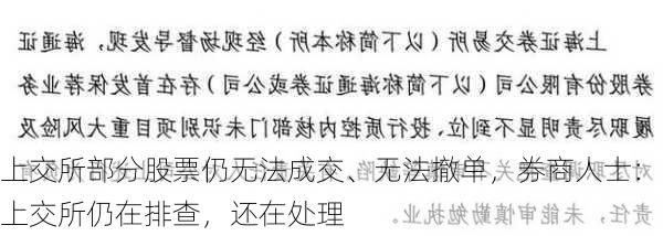 上交所部分股票仍无法成交、无法撤单，券商人士：上交所仍在排查，还在处理