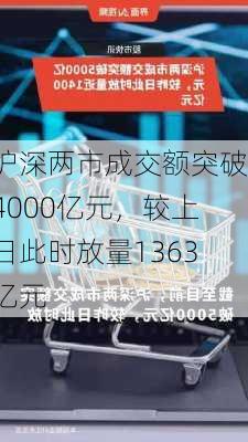 沪深两市成交额突破4000亿元，较上日此时放量1363亿元