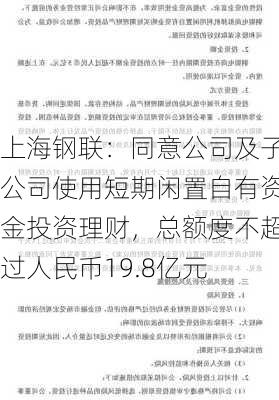 上海钢联：同意公司及子公司使用短期闲置自有资金投资理财，总额度不超过人民币19.8亿元