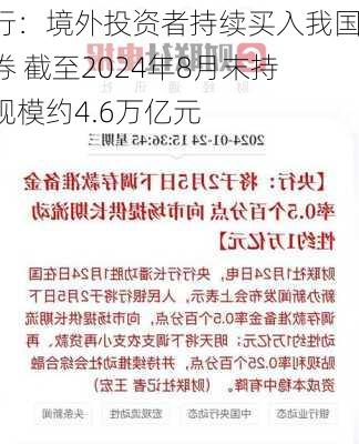 央行：境外投资者持续买入我国债券 截至2024年8月末持仓规模约4.6万亿元