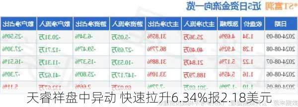 天睿祥盘中异动 快速拉升6.34%报2.18美元