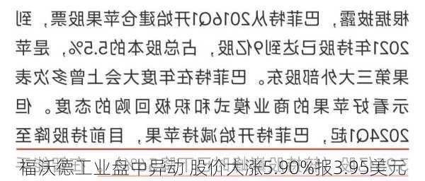 福沃德工业盘中异动 股价大涨5.90%报3.95美元