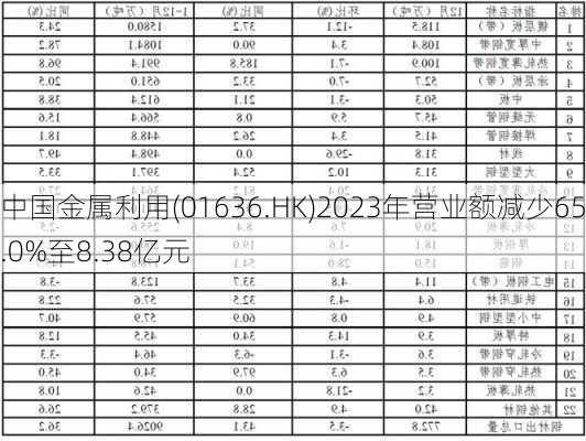 中国金属利用(01636.HK)2023年营业额减少65.0%至8.38亿元