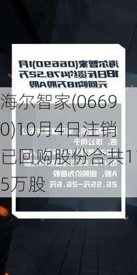 海尔智家(06690)10月4日注销已回购股份合共115万股