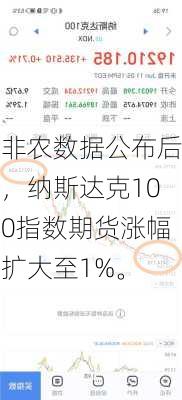 非农数据公布后，纳斯达克100指数期货涨幅扩大至1%。