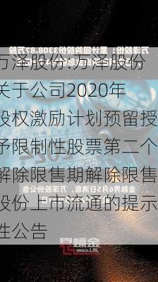 万泽股份:万泽股份关于公司2020年股权激励计划预留授予限制性股票第二个解除限售期解除限售股份上市流通的提示性公告