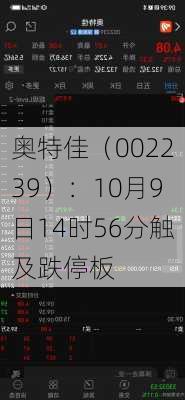 奥特佳（002239）：10月9日14时56分触及跌停板